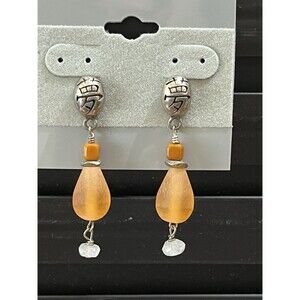 Asian Sterling Silver Orange Sea Glass & Pink Quartz Artisan Earrings Artsy